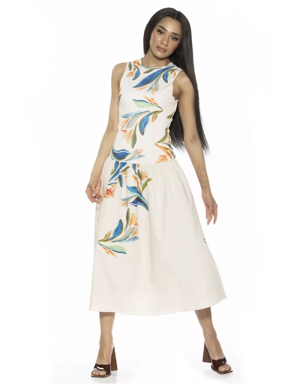 Alexia Admor Sleeveless White Floral Midi Dress with Blue & Orange Leaves